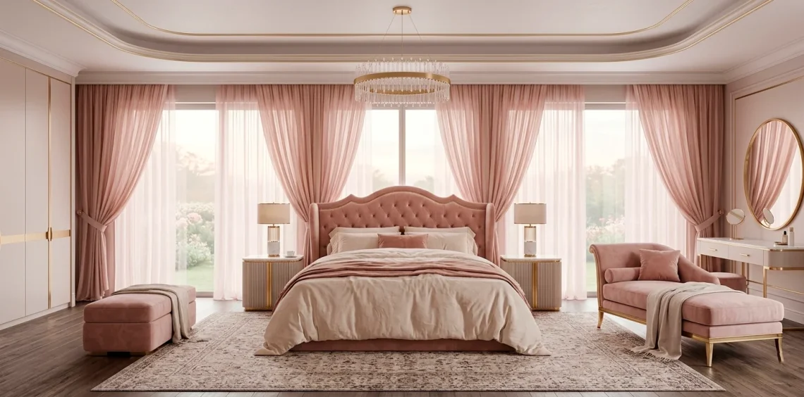 Luxurious romantic bedroom with soft blush pink velvet bed and warm morning sunlight through sheer curtains.