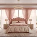 Luxurious romantic bedroom with soft blush pink velvet bed and warm morning sunlight through sheer curtains.