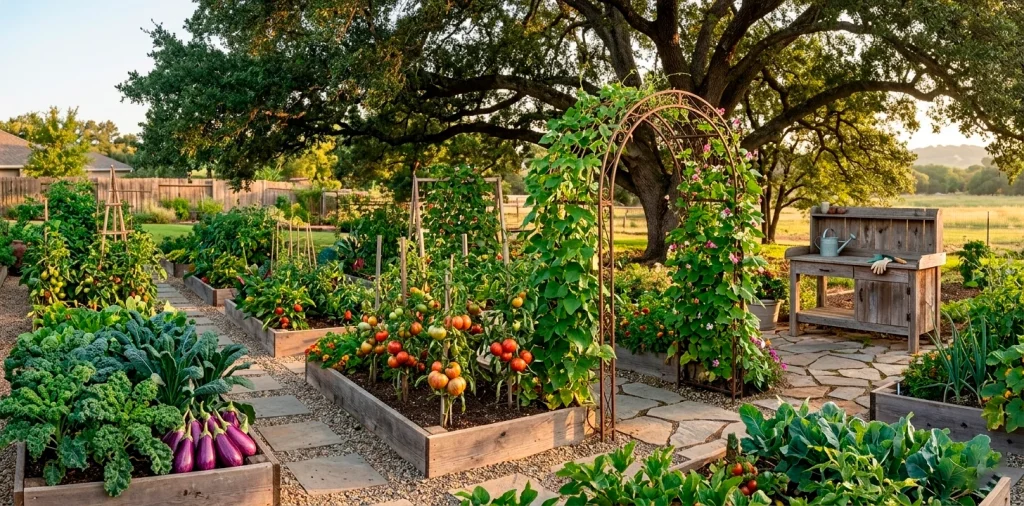 Wide landscape of a bountiful heirloom vegetable garden with diverse plant layouts and golden hour sun.