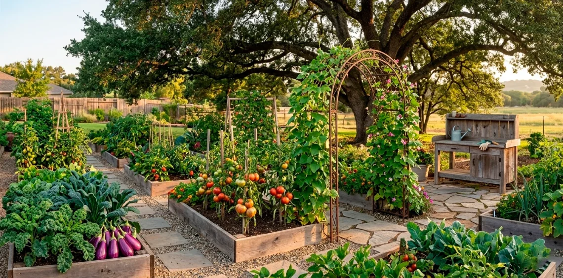 Wide landscape of a bountiful heirloom vegetable garden with diverse plant layouts and golden hour sun.