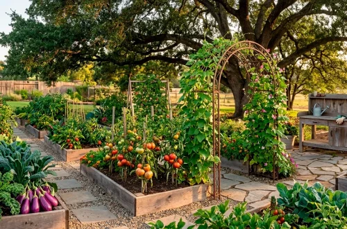 Wide landscape of a bountiful heirloom vegetable garden with diverse plant layouts and golden hour sun.