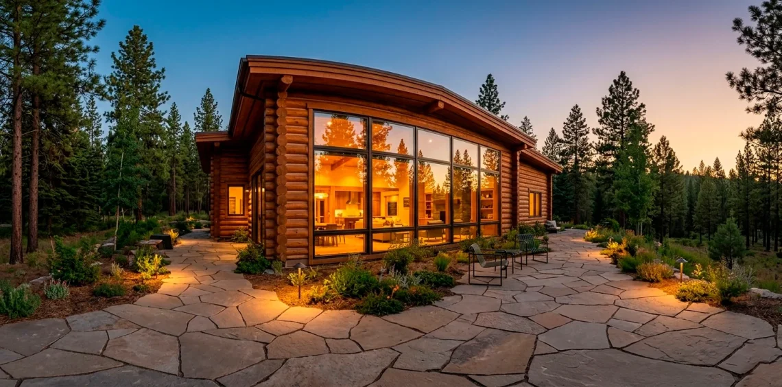 Luxurious modern log cabin with huge glass walls and traditional wood siding at twilight.