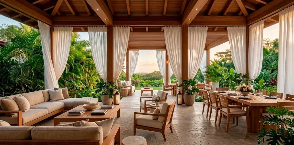 Luxurious covered patio with flowing white linen curtains and teak furniture for a relaxing spa atmosphere.