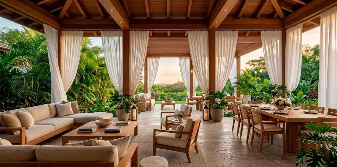 Luxurious covered patio with flowing white linen curtains and teak furniture for a relaxing spa atmosphere.