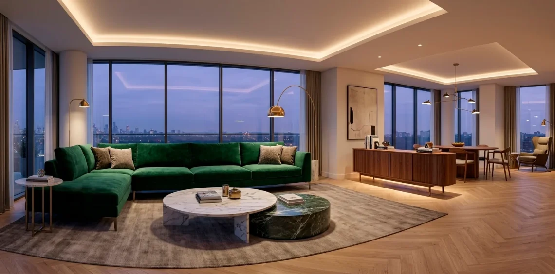 Luxurious open-concept apartment interior with velvet furniture, walnut accents, and elegant warm lighting at dusk.