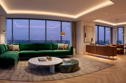 Luxurious open-concept apartment interior with velvet furniture, walnut accents, and elegant warm lighting at dusk.
