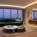 Luxurious open-concept apartment interior with velvet furniture, walnut accents, and elegant warm lighting at dusk.