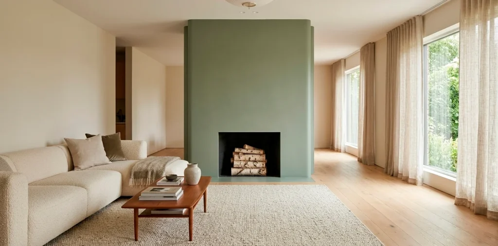 Wide shot of a luxury living room featuring a sophisticated sage green fireplace and modern decor.