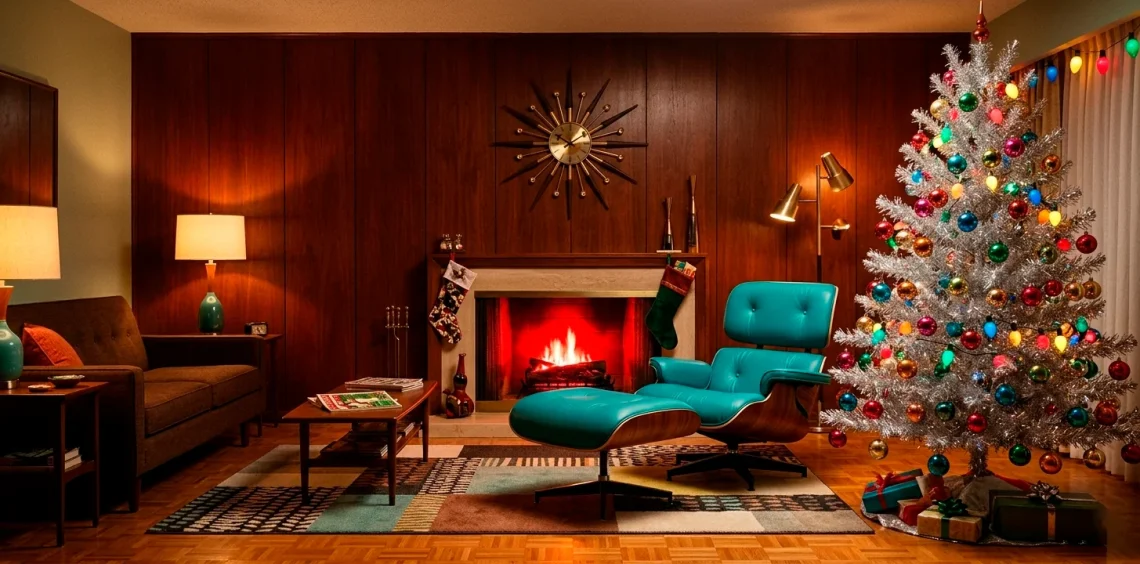 Vintage mid-century living room with silver Christmas tree and teal Eames lounge chair.
