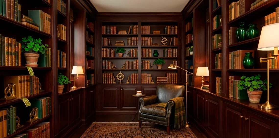 Cozy dark wood bookshelf styled with sophisticated St. Patrick's Day green and gold accents and warm lighting.