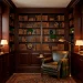 Cozy dark wood bookshelf styled with sophisticated St. Patrick's Day green and gold accents and warm lighting.
