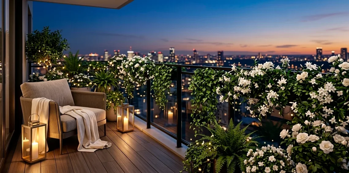 Lush evening balcony garden with fragrant white flowers and warm glowing lanterns at twilight for relaxation.