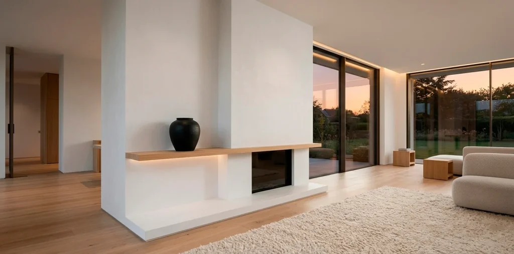 Wide 2:1 banner of a modern minimalist fireplace with a white plaster finish and a single black ceramic vessel.