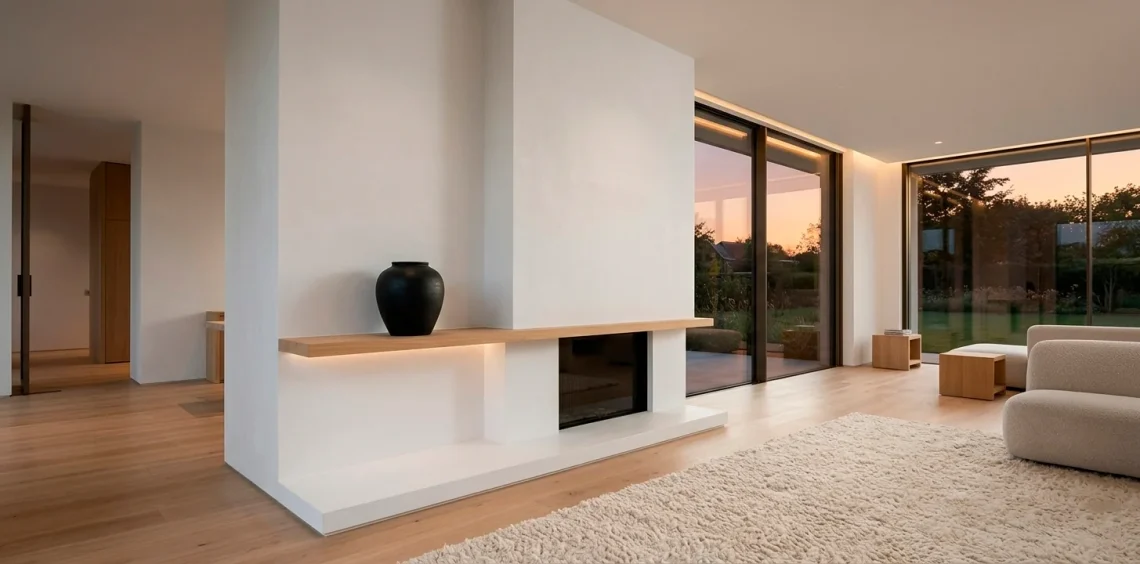 Wide 2:1 banner of a modern minimalist fireplace with a white plaster finish and a single black ceramic vessel.