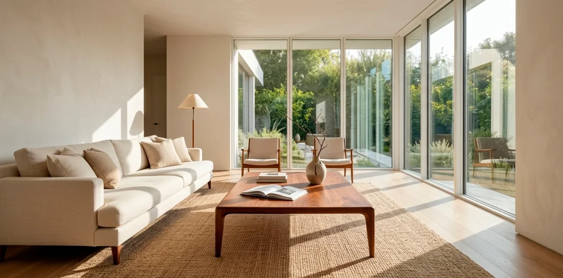 Wide shot of a minimalist living room with a walnut tapered-leg coffee table and cream linen sofa.