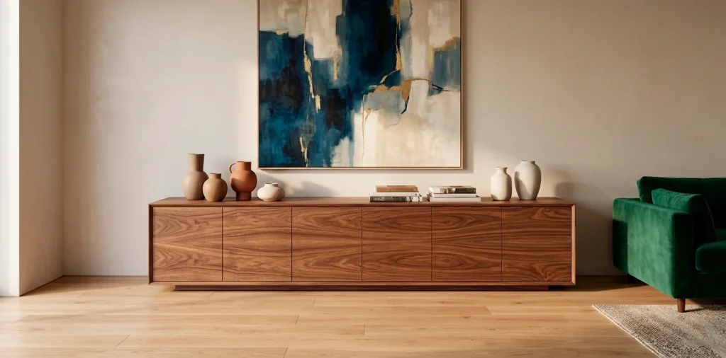 Wide shot of a luxury living room with a sleek walnut sideboard and minimalist decor on a light floor.