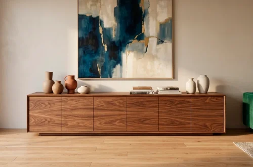 Wide shot of a luxury living room with a sleek walnut sideboard and minimalist decor on a light floor.