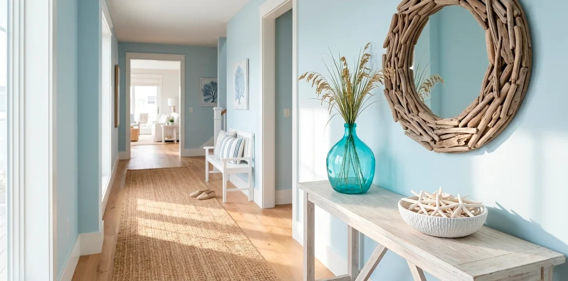 Wide landscape photo of a bright coastal entryway with white furniture and turquoise glass accents.