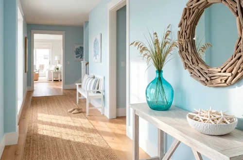 Wide landscape photo of a bright coastal entryway with white furniture and turquoise glass accents.