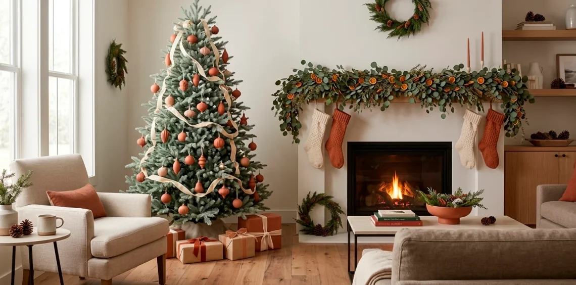 Cozy living room featuring a sage green Christmas tree with terracotta ornaments and a warm stone fireplace.