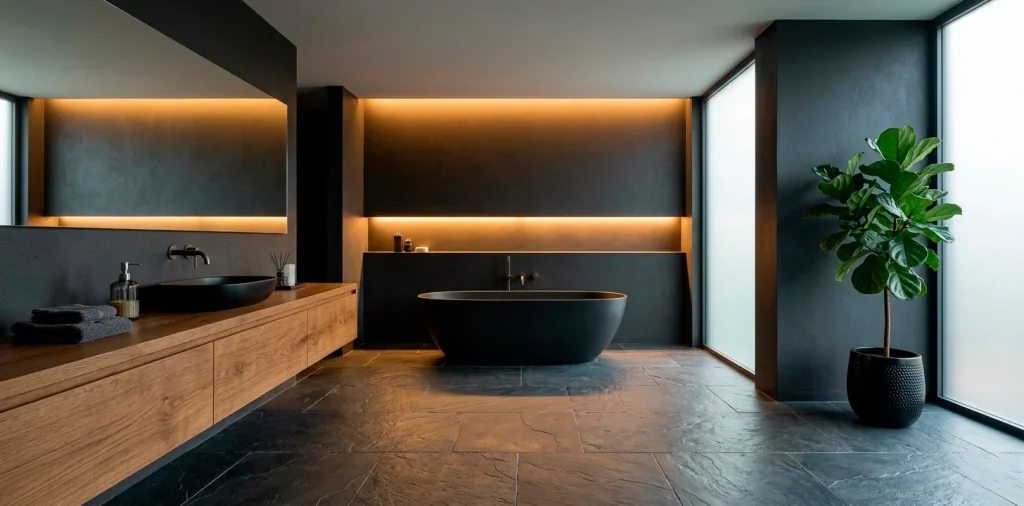 Sophisticated moody bathroom design featuring black accents, a matte bathtub, and warm lighting.