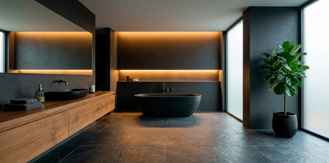 Sophisticated moody bathroom design featuring black accents, a matte bathtub, and warm lighting.