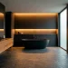 Sophisticated moody bathroom design featuring black accents, a matte bathtub, and warm lighting.