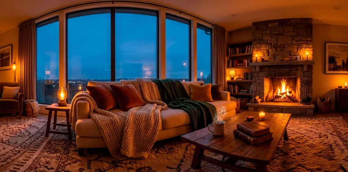 Cozy hygge living room with warm fireplace glow, soft blankets, and amber lighting at dusk.