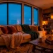 Cozy hygge living room with warm fireplace glow, soft blankets, and amber lighting at dusk.