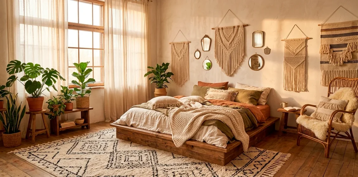 A wide panoramic shot of a dreamy boho bedroom with layered textiles, linen bedding, and rattan furniture in soft sunlight.