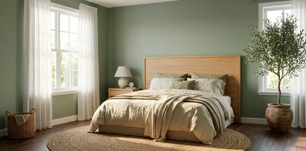 A serene sage green bedroom with linen bedding, oak furniture, and natural sunlight for a peaceful vibe.