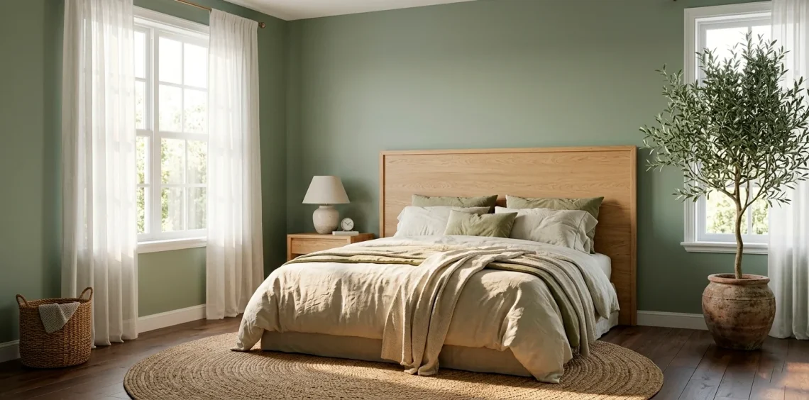 A serene sage green bedroom with linen bedding, oak furniture, and natural sunlight for a peaceful vibe.