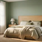 A serene sage green bedroom with linen bedding, oak furniture, and natural sunlight for a peaceful vibe.