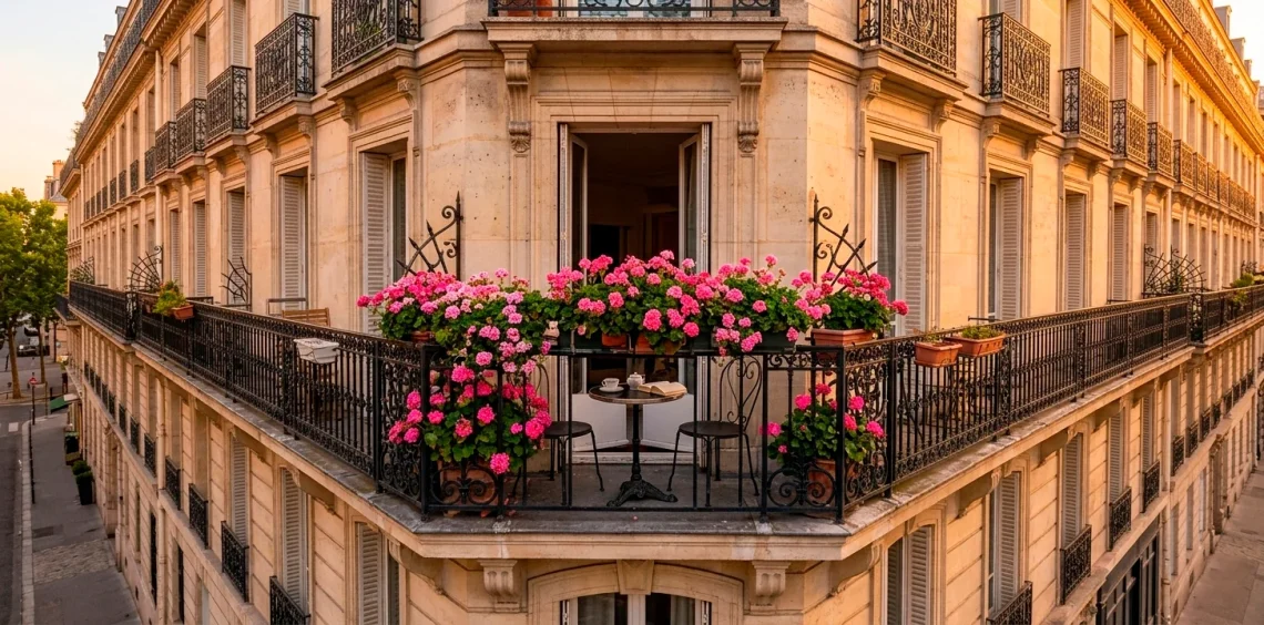 Wide shot of classic Parisian apartment building with ornate wrought iron balconies and flowers at sunset.
