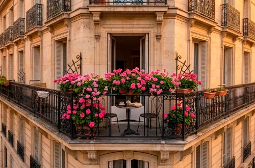 Wide shot of classic Parisian apartment building with ornate wrought iron balconies and flowers at sunset.