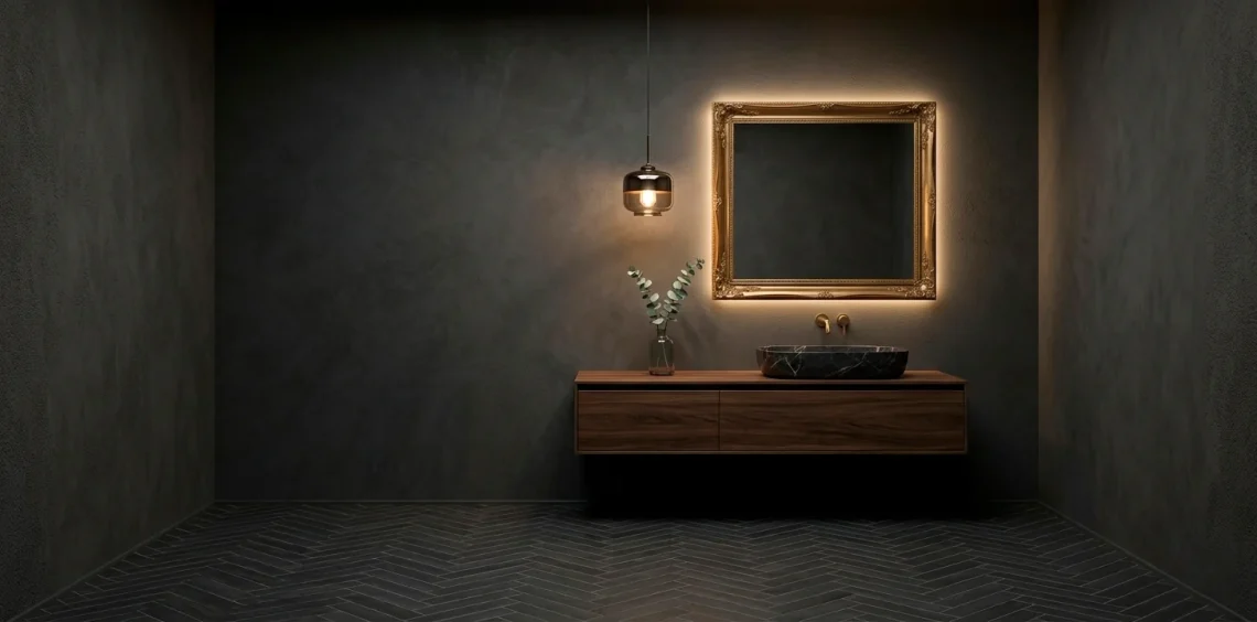 Luxurious moody powder room with charcoal walls, gold mirror, and ambient lighting in a seamless wide shot.