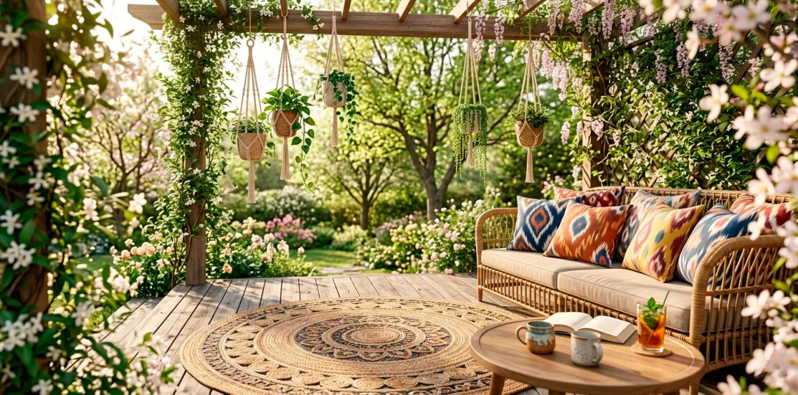 Lush spring patio featuring vibrant boho patterns and cozy outdoor furniture in golden sunlight.