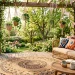 Lush spring patio featuring vibrant boho patterns and cozy outdoor furniture in golden sunlight.