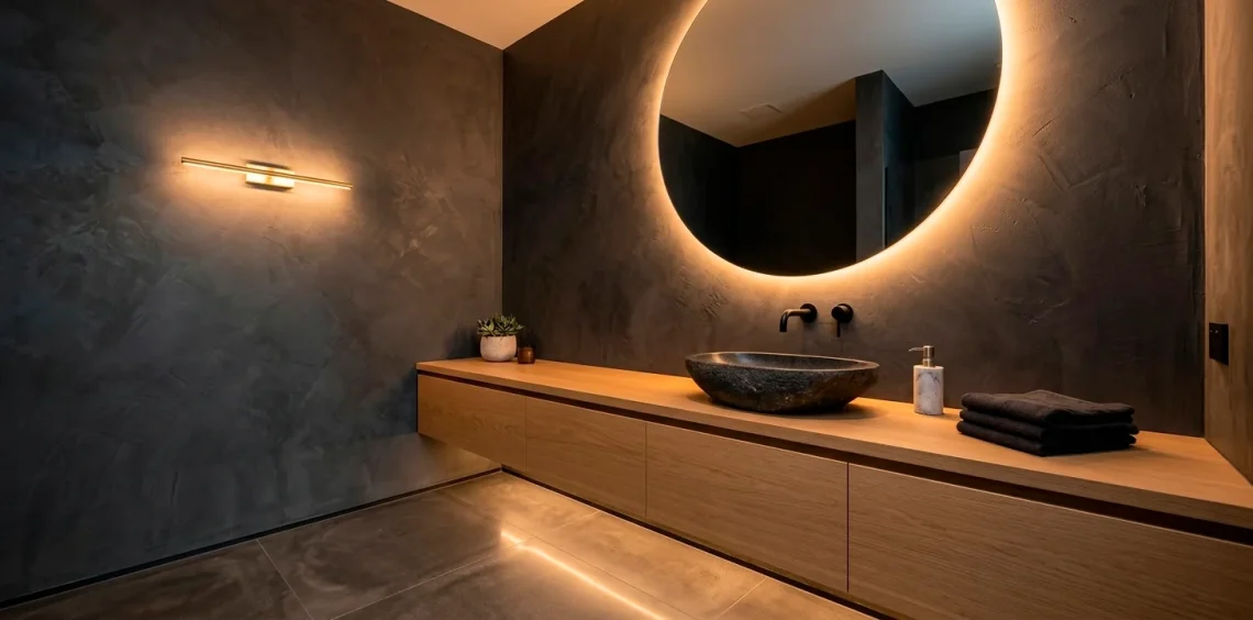 Luxury modern powder room with a floating oak vanity and a large circular backlit mirror for a spacious feel.