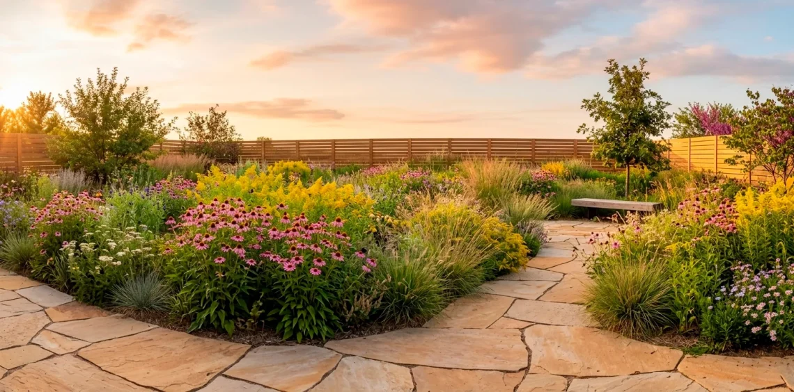 Wide panoramic view of a low-maintenance backyard featuring native wildflowers and a stone patio.