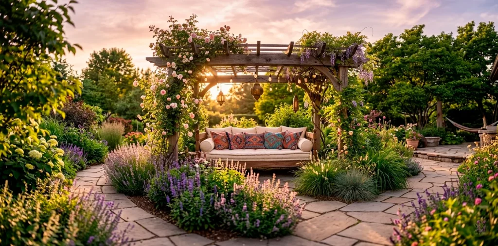 Luxurious boho daybed in a lush backyard sanctuary with lanterns and golden hour sunlight.