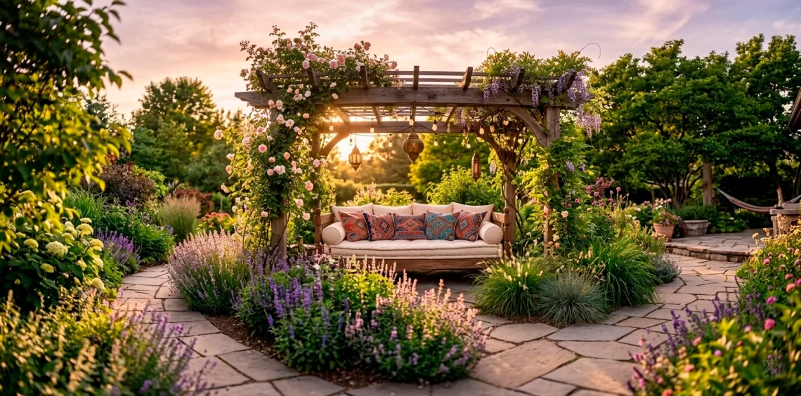 Luxurious boho daybed in a lush backyard sanctuary with lanterns and golden hour sunlight.