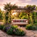 Luxurious boho daybed in a lush backyard sanctuary with lanterns and golden hour sunlight.