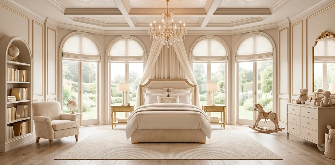 Luxury designer kids bedroom with elegant velvet canopy bed gold light fixtures and neutral color palette