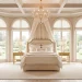 Luxury designer kids bedroom with elegant velvet canopy bed gold light fixtures and neutral color palette