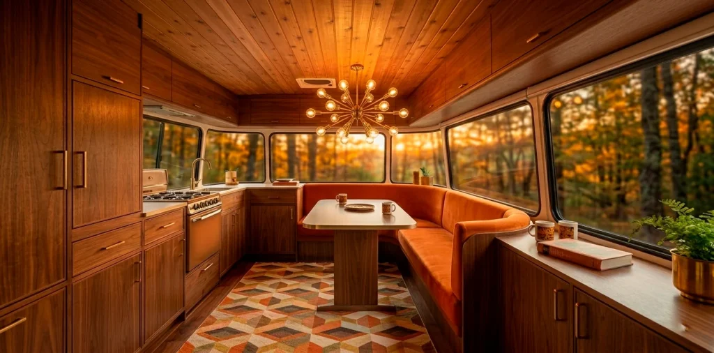 Luxurious mid-century modern camper van interior with walnut wood and retro orange decor at sunset.