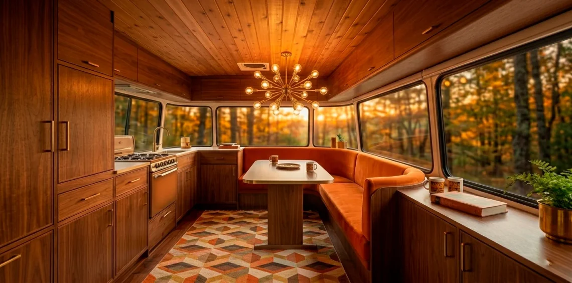 Luxurious mid-century modern camper van interior with walnut wood and retro orange decor at sunset.