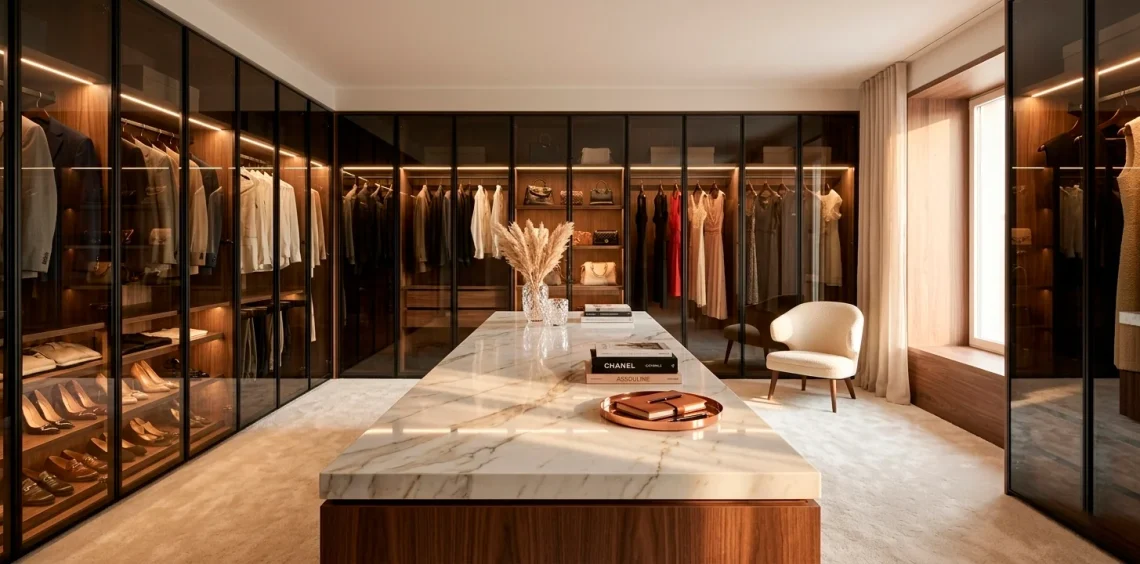 Wide view of a luxury minimalist dressing room with marble island and glass wardrobes.