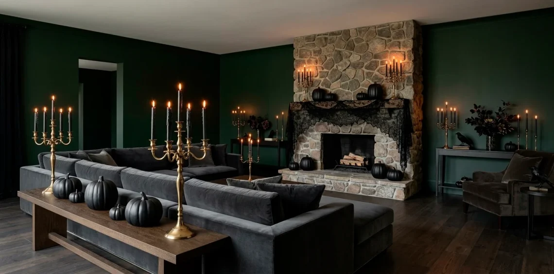 Sophisticated Halloween living room with layered textures of velvet, lace, and matte black decor.