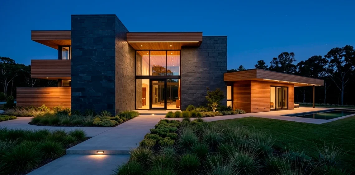 Modern home exterior featuring a beautiful combination of dark slate stone and warm cedar wood siding.